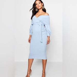 MATERNITY OFF THE SHOULDER WRAP MIDI DRESS